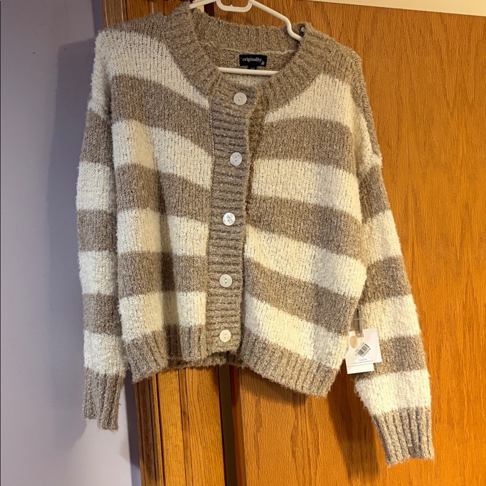 Beige and Cream Striped Button-Front Sweater